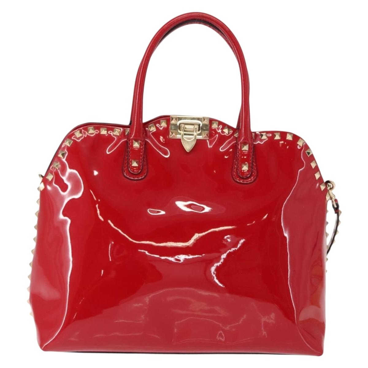 VALENTINO Rock Studs Hand Bag Patent leather 2way Red Gold Auth bs30313