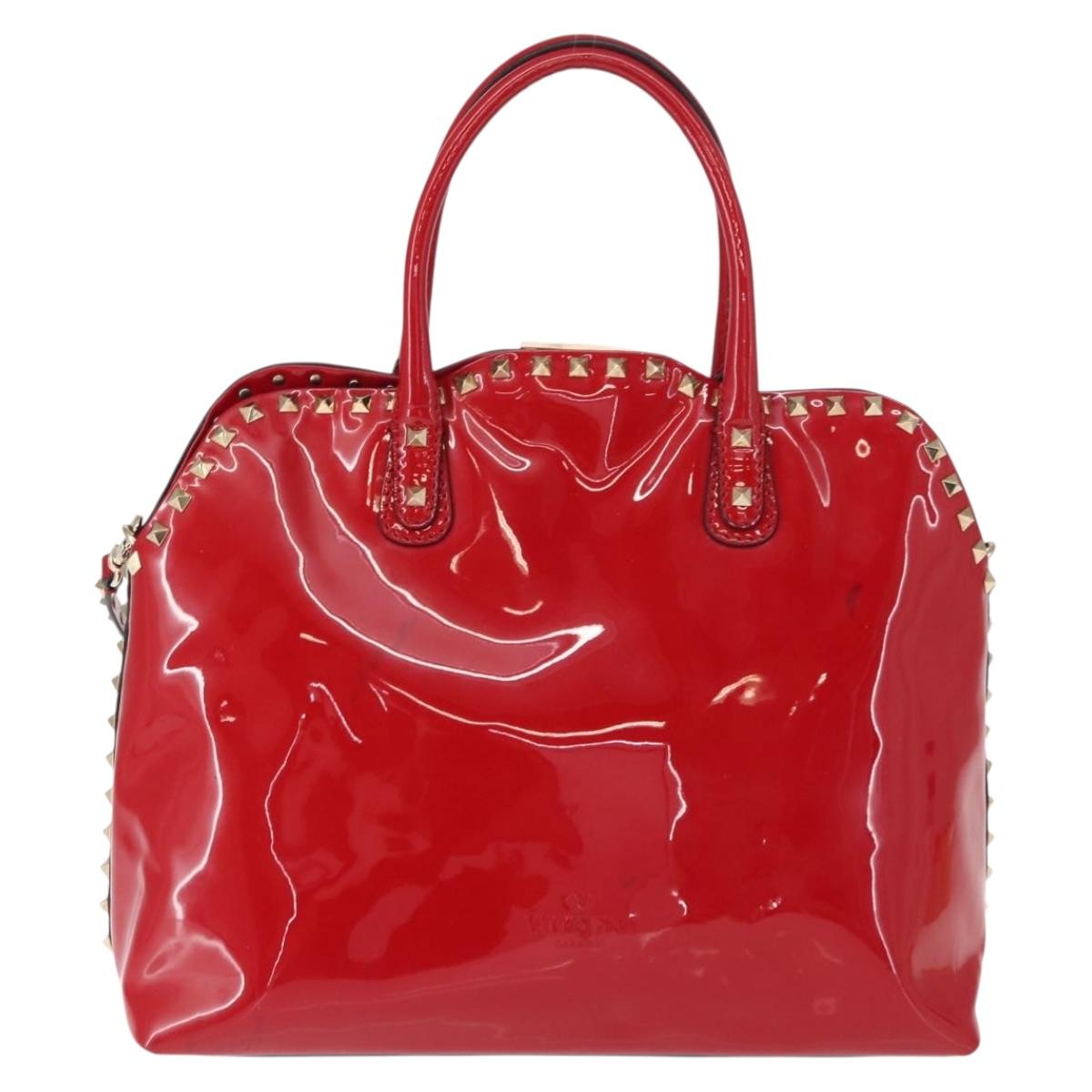 VALENTINO Rock Studs Hand Bag Patent leather 2way Red Gold Auth bs30313