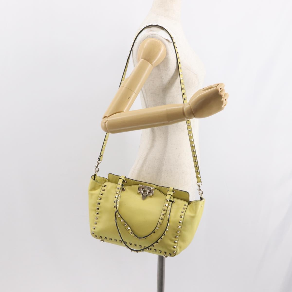 VALENTINO Rock Studs Hand Bag Leather 2way Yellow Gold Auth bs30314