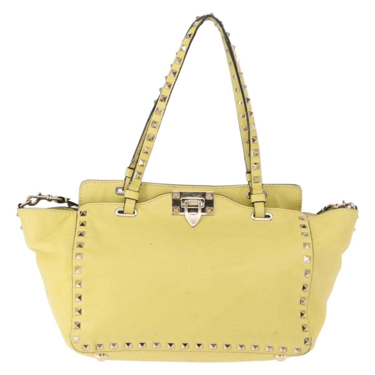 VALENTINO Rock Studs Hand Bag Leather 2way Yellow Gold Auth bs30314