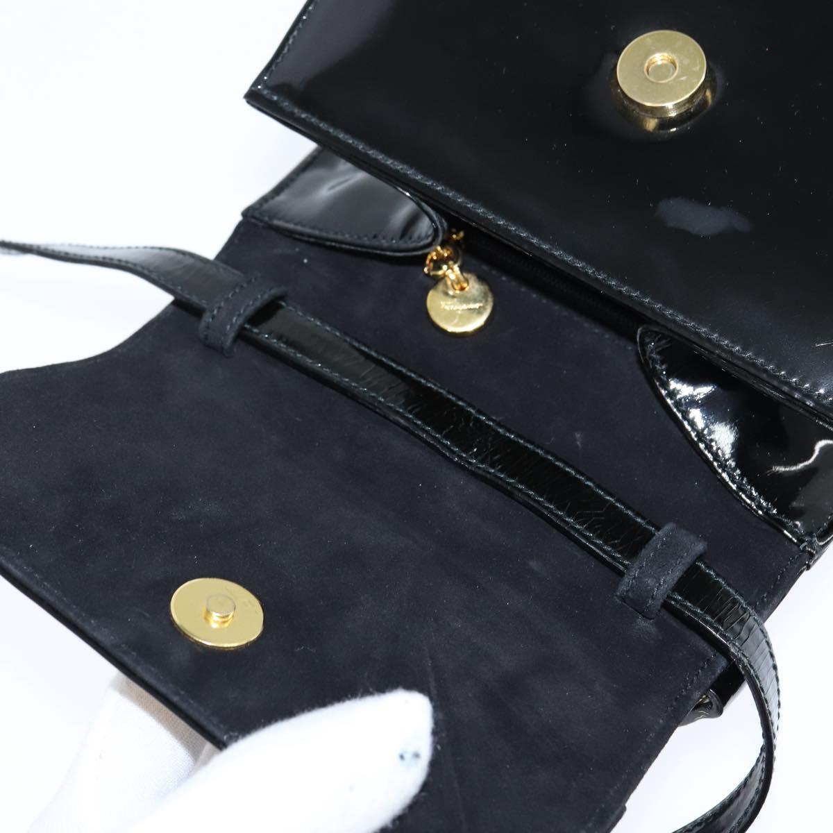 Salvatore Ferragamo Vala Hand Bag Patent leather 2way Black Gold Auth bs30316