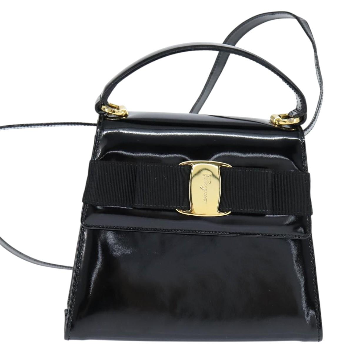 Salvatore Ferragamo Vala Hand Bag Patent leather 2way Black Gold Auth bs30316