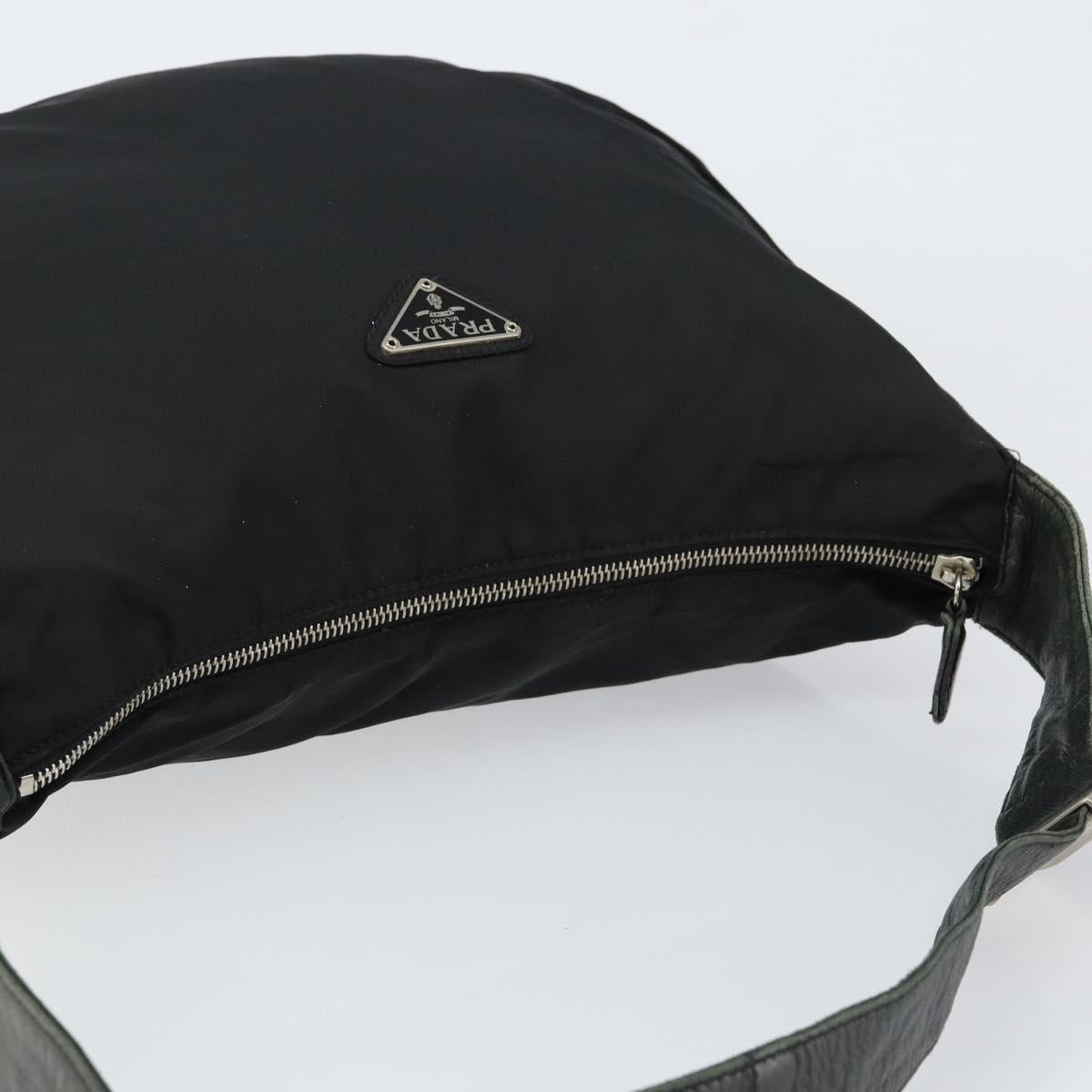 PRADA Shoulder Bag Nylon Leather Black Silver Auth bs30342