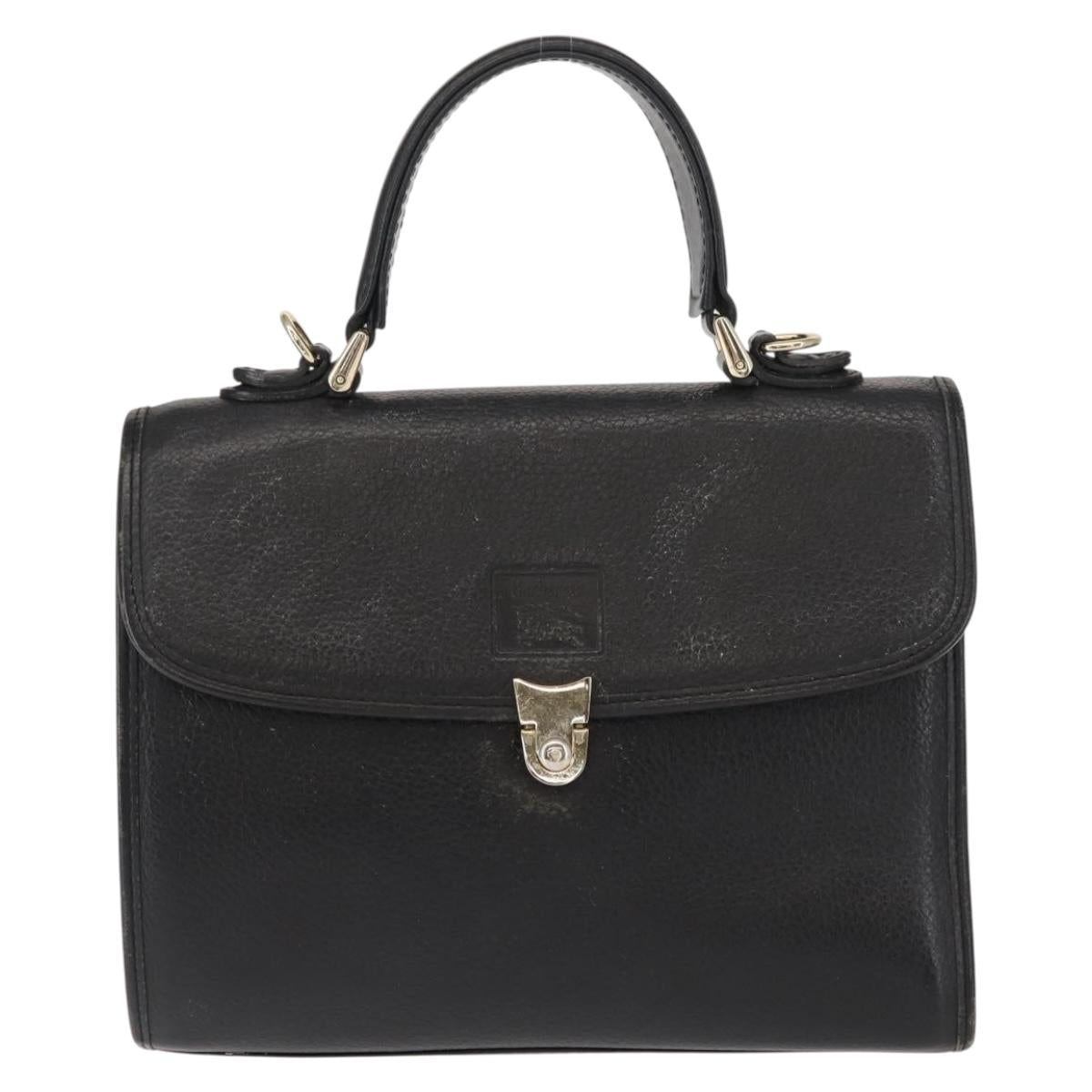 Burberrys Hand Bag Leather Black Gold Auth bs30344