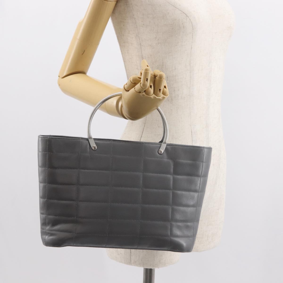 CHANEL Choco Bar Hand Bag Lamb Skin Gray Silver CC Auth bs30369