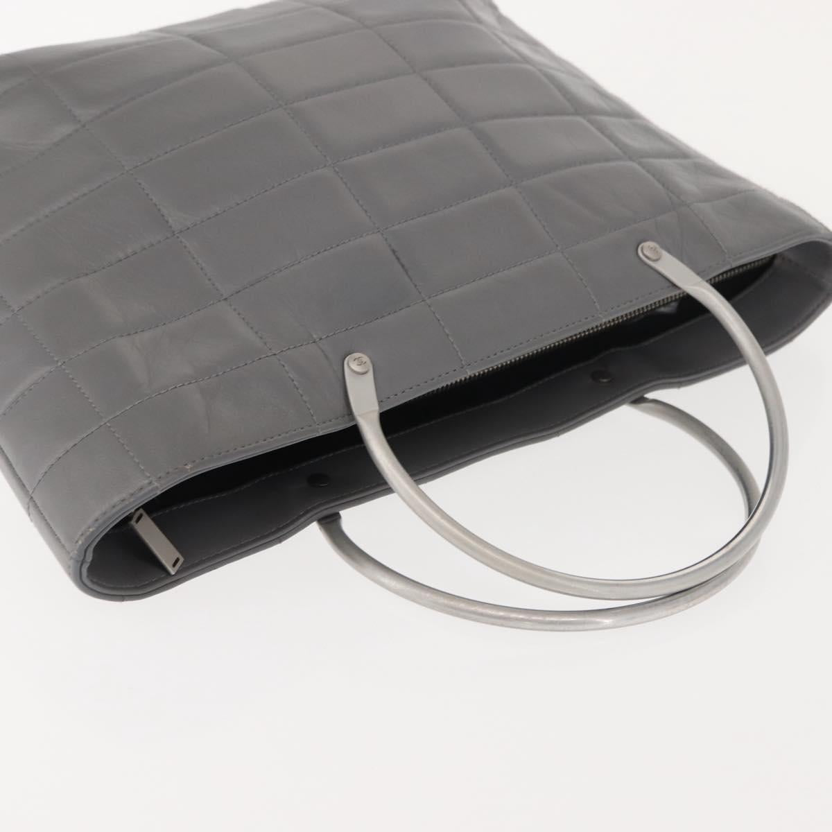 CHANEL Choco Bar Hand Bag Lamb Skin Gray Silver CC Auth bs30369