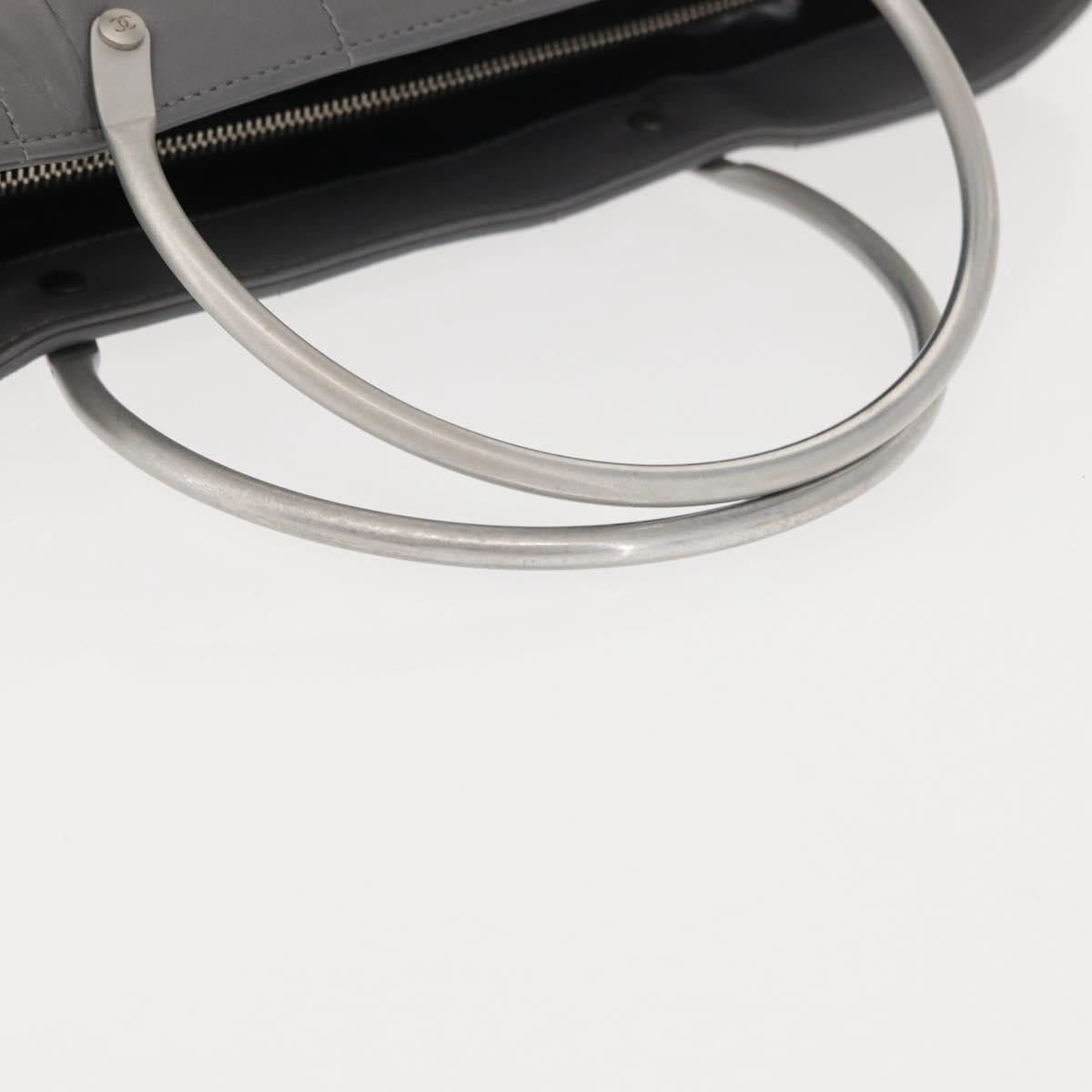 CHANEL Choco Bar Hand Bag Lamb Skin Gray Silver CC Auth bs30369