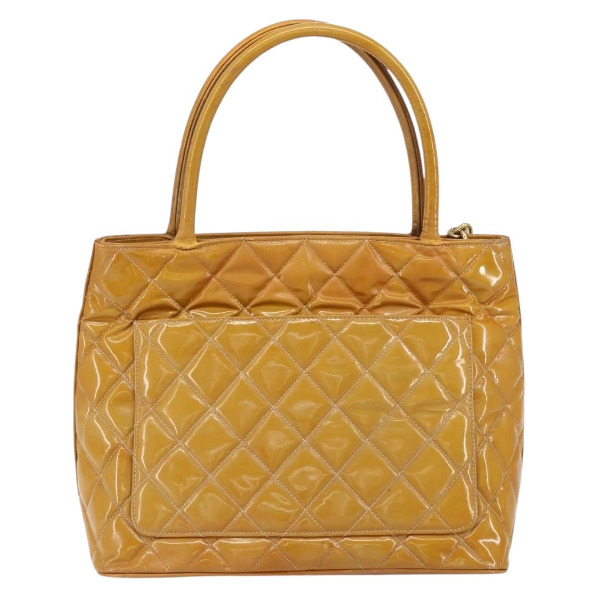 CHANEL Matelasse COCO Mark Tote Bag Patent leather Yellow Gold CC Auth bs30372