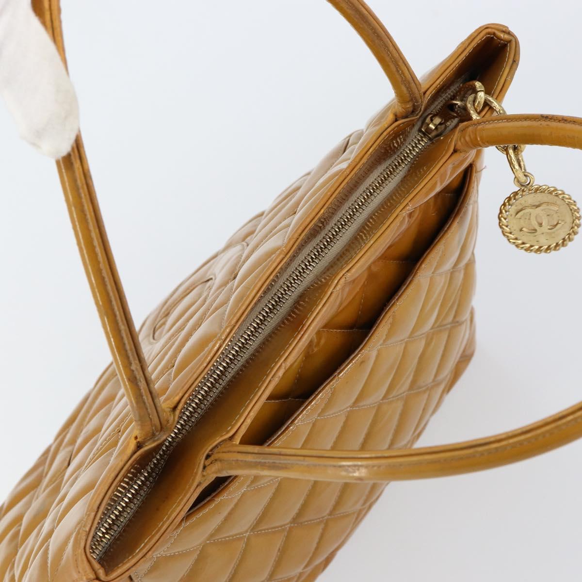 CHANEL Matelasse COCO Mark Tote Bag Patent leather Yellow Gold CC Auth bs30372