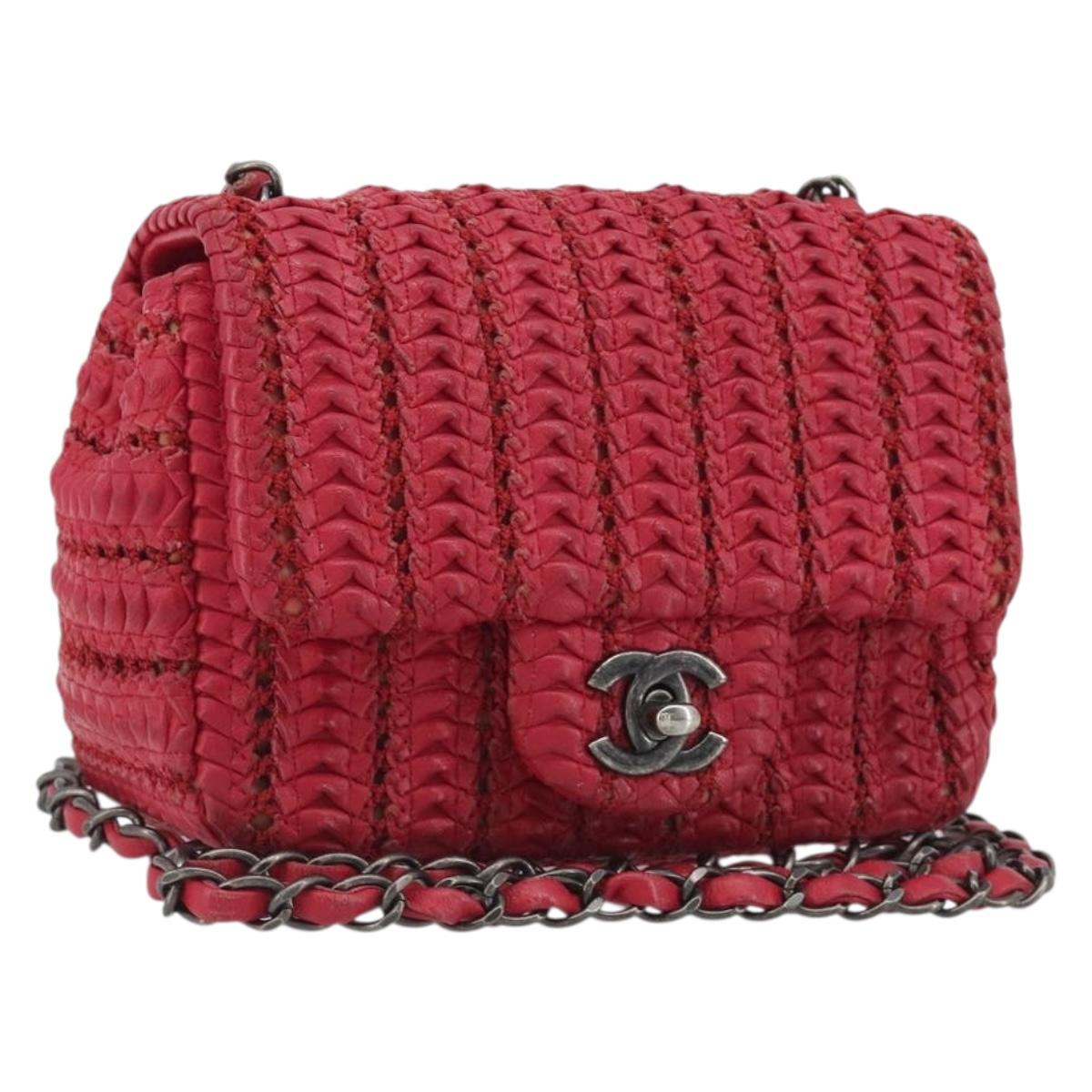 CHANEL Cloche Turn Lock Chain Flap Bag Lamb Skin Red Silver CC Auth bs30375