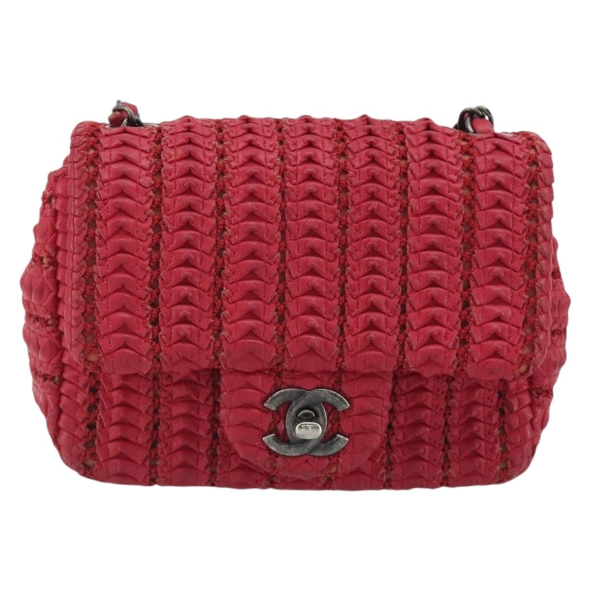 CHANEL Cloche Turn Lock Chain Flap Bag Lamb Skin Red Silver CC Auth bs30375