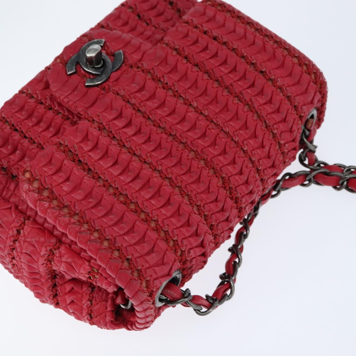 CHANEL Cloche Turn Lock Chain Flap Bag Lamb Skin Red Silver CC Auth bs30375