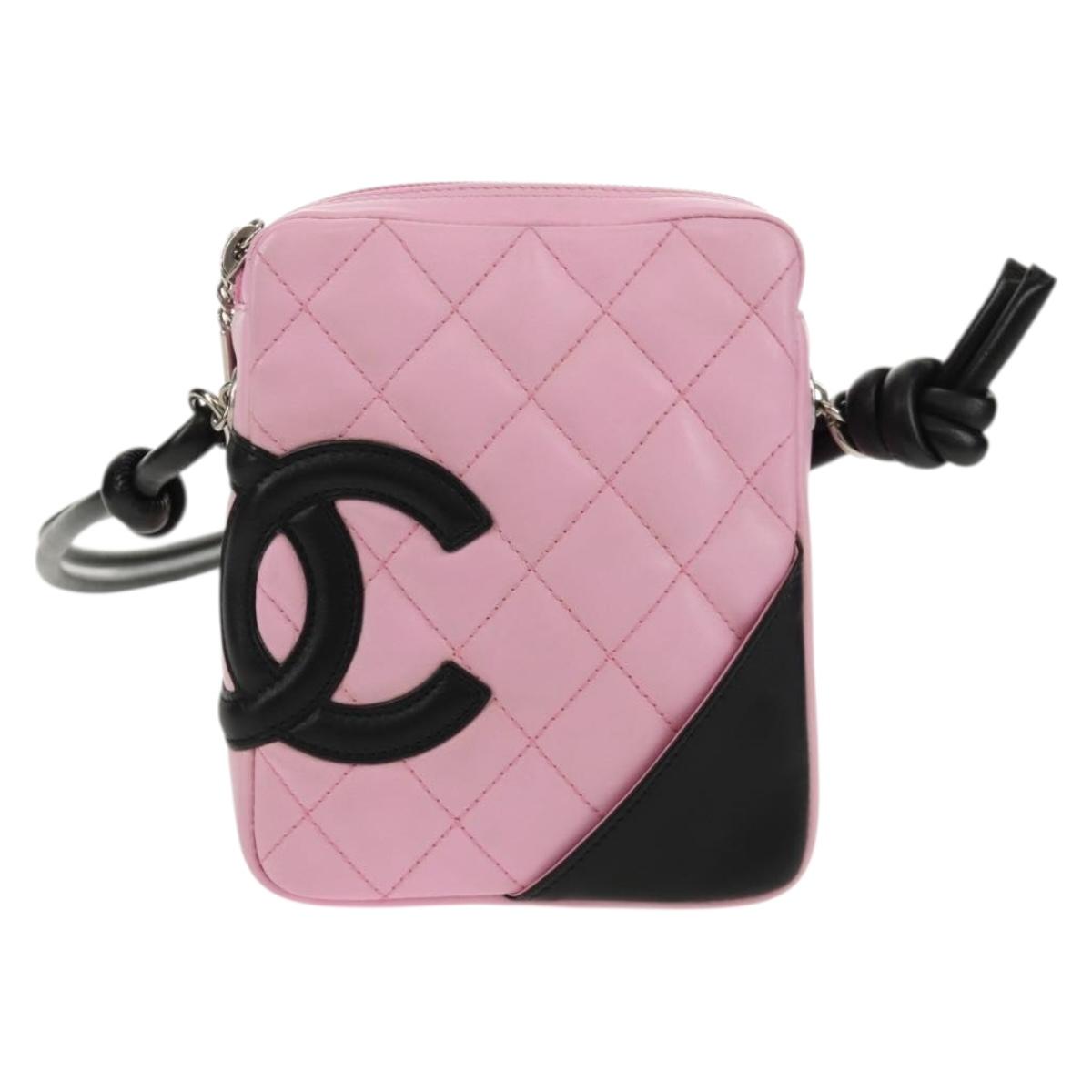 CHANEL Cambon Line Shoulder Bag Leather Pink Black Silver CC Auth bs30393V