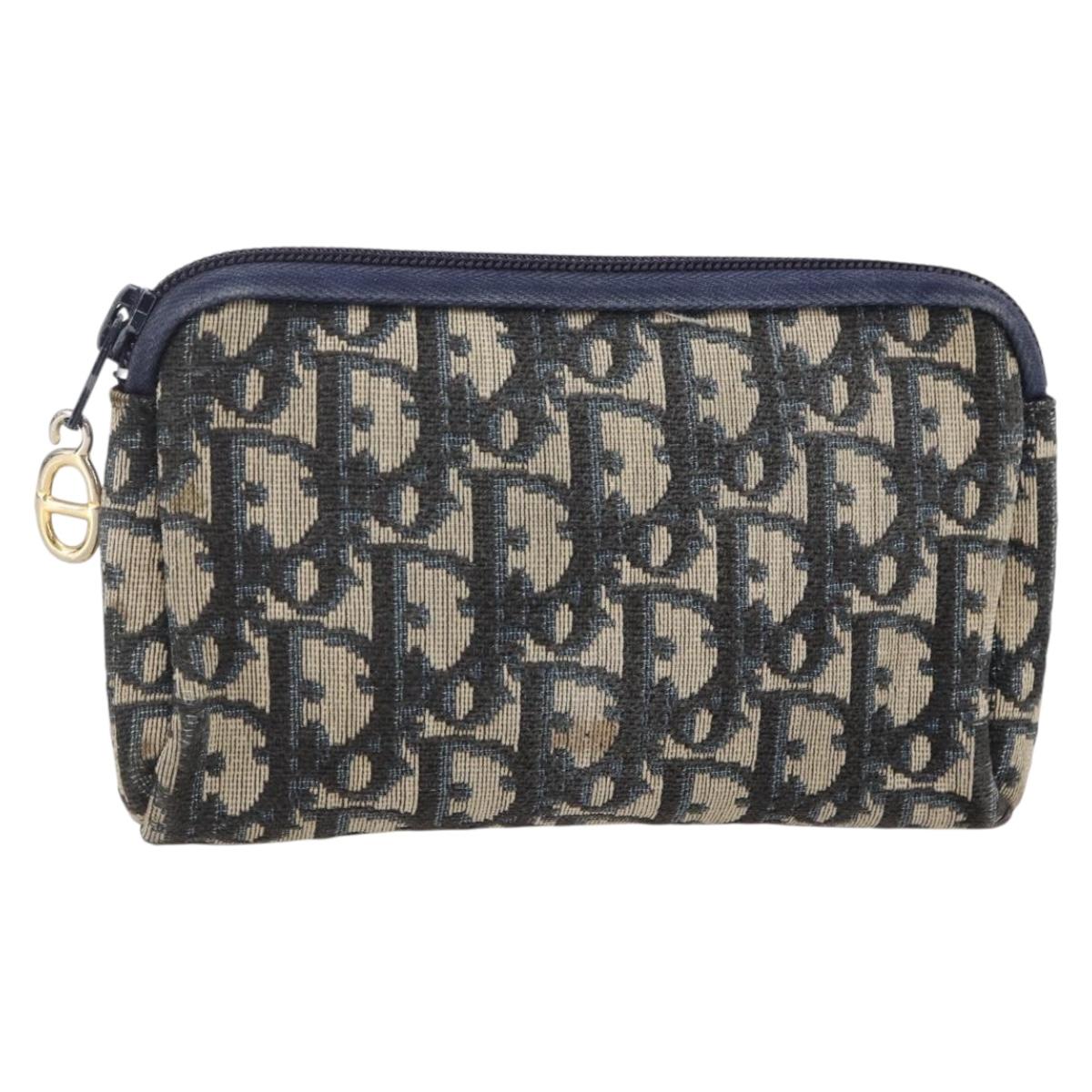 Christian Dior Trotter Canvas Pouch Navy Gold Auth bs30397
