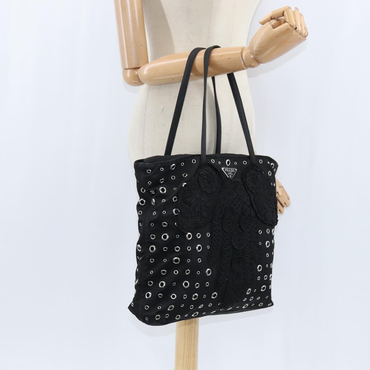 PRADA Grommet Tote Bag Nylon Black Silver Auth bs30430