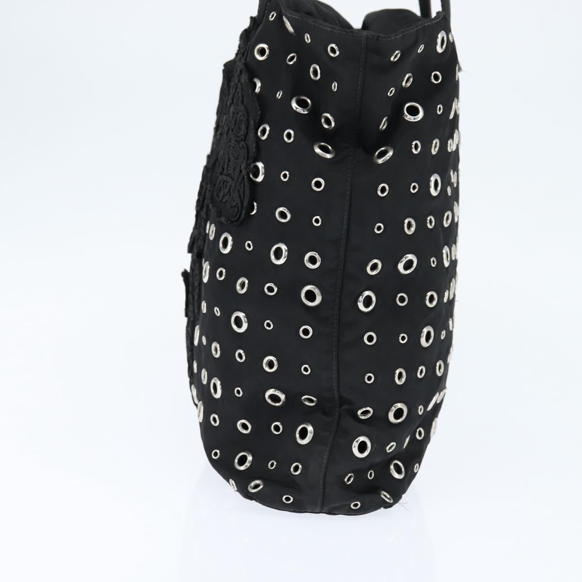 PRADA Grommet Tote Bag Nylon Black Silver Auth bs30430