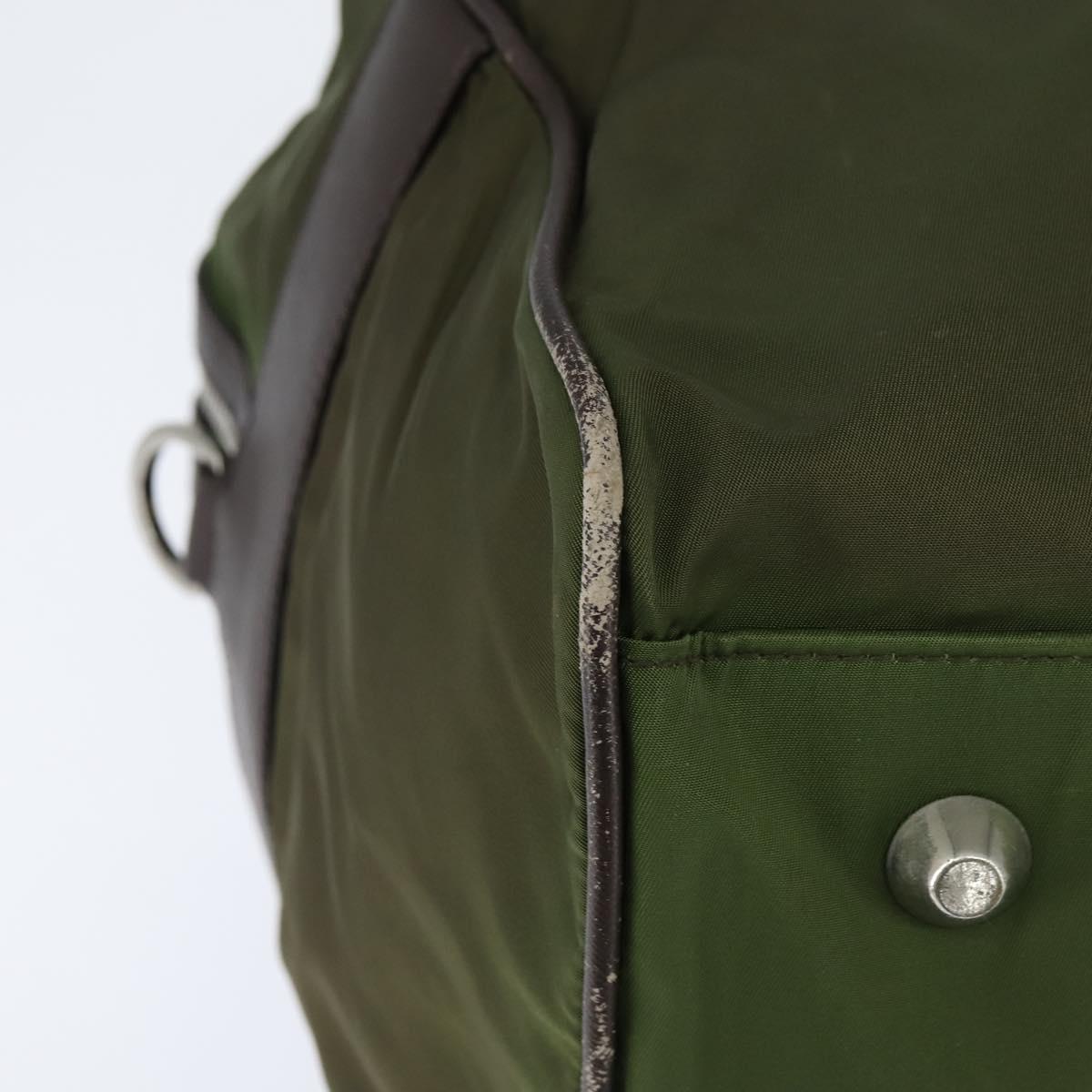 PRADA Boston Bag Nylon Leather Khaki Silver Auth bs30433