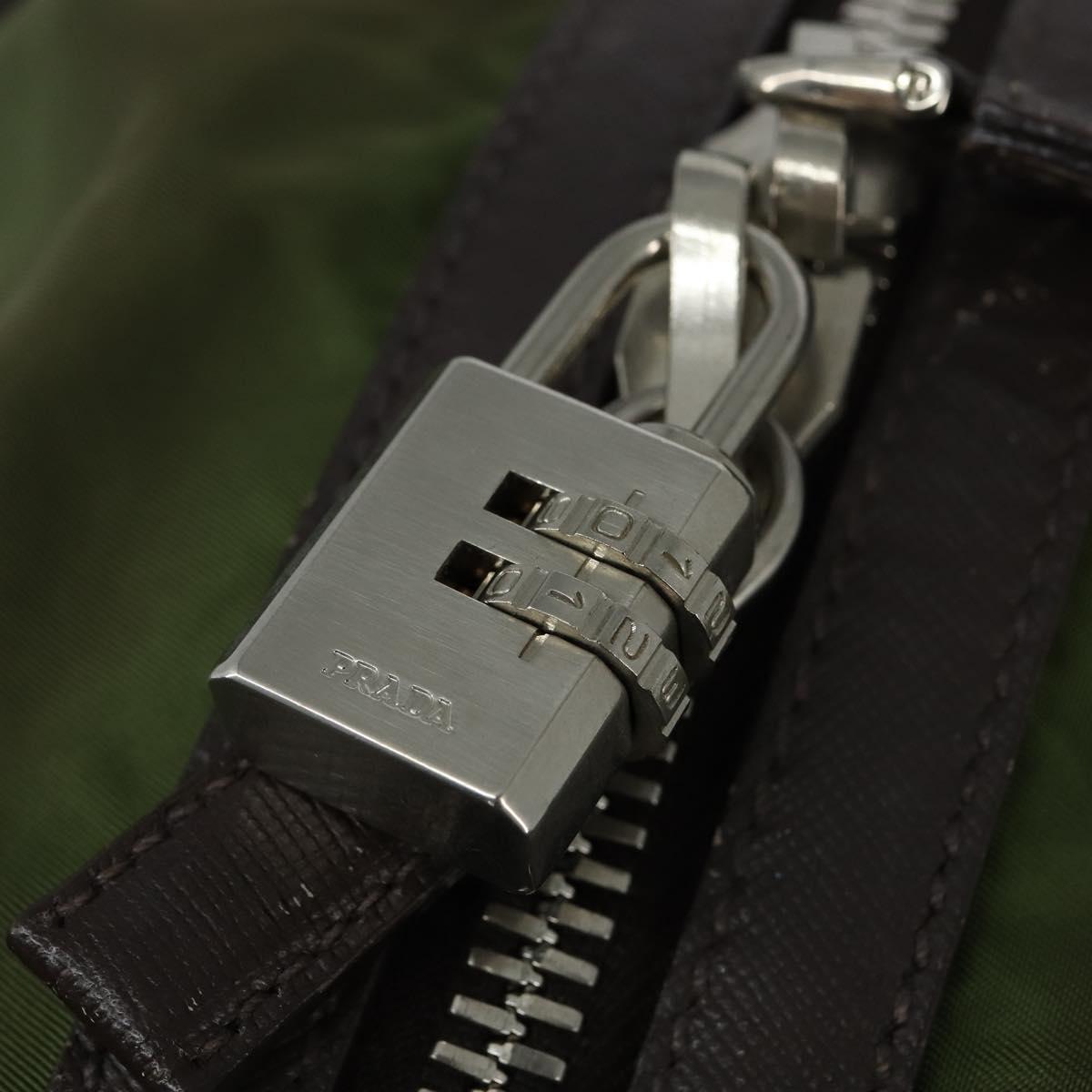 PRADA Boston Bag Nylon Leather Khaki Silver Auth bs30433