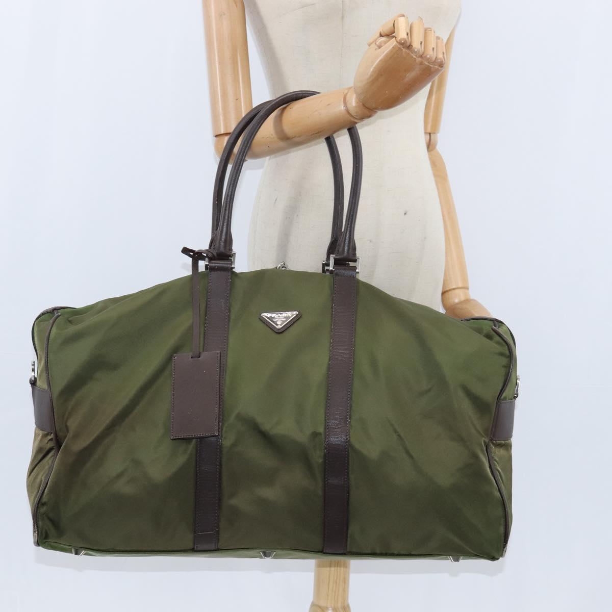 PRADA Boston Bag Nylon Leather Khaki Silver Auth bs30433