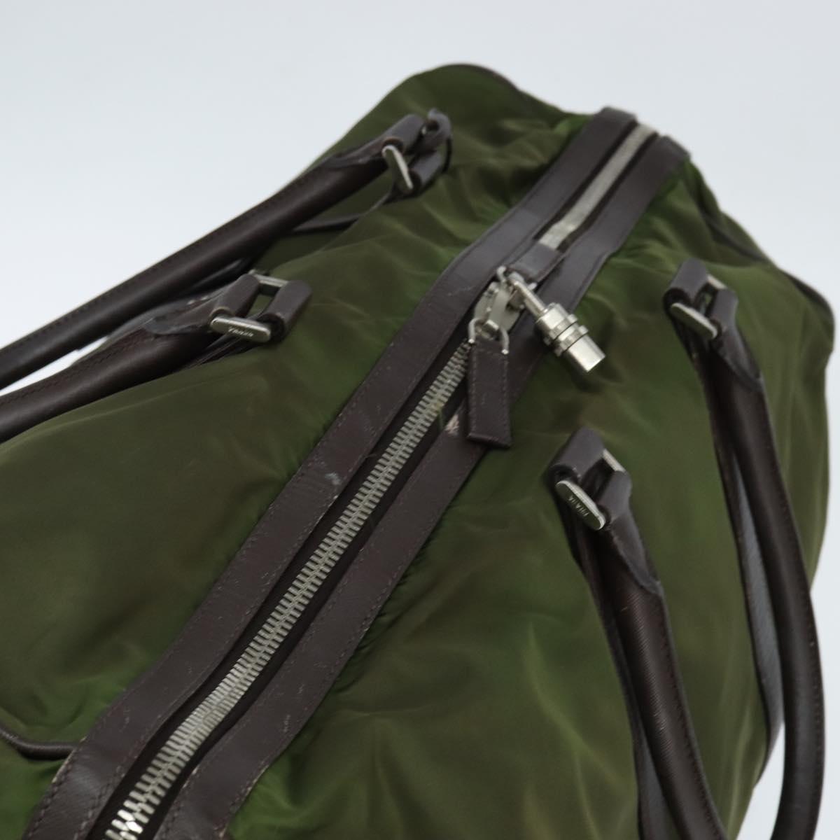 PRADA Boston Bag Nylon Leather Khaki Silver Auth bs30433