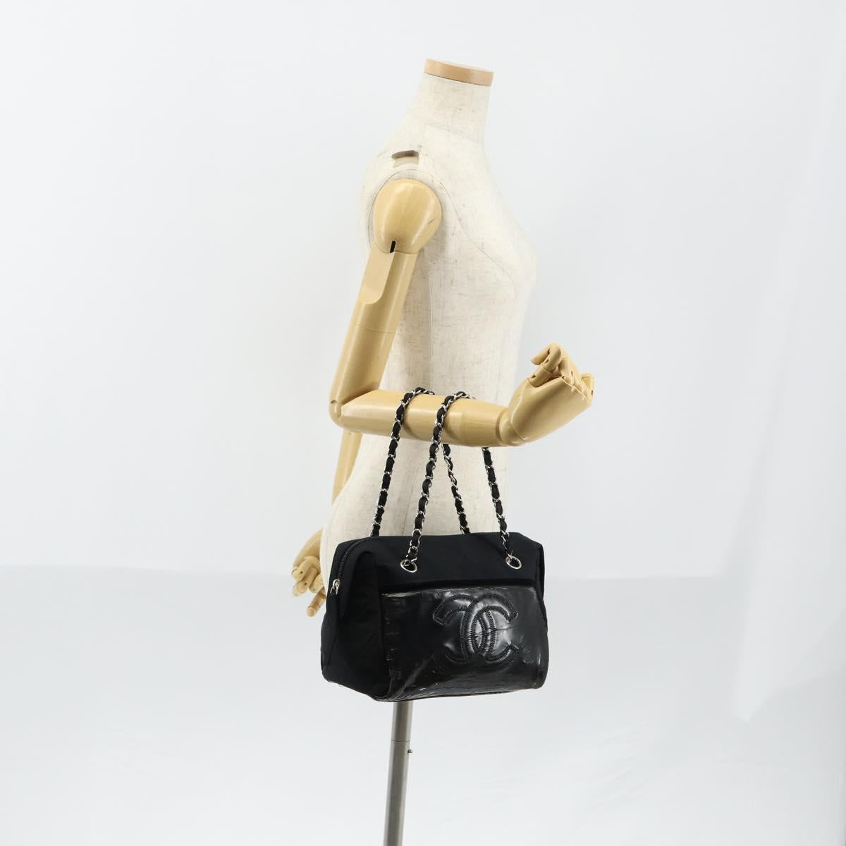 CHANEL COCO Mark Chain Bag Nylon Patent leather Black Silver CC Auth bs30439