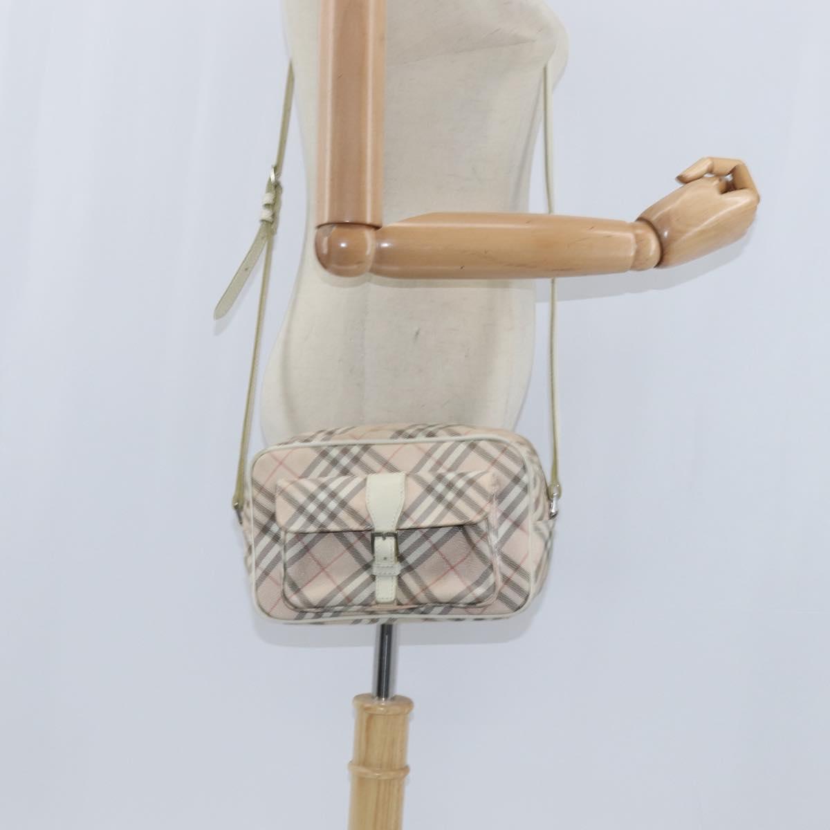 BURBERRY Nova Check Blue Label Shoulder Bag Canvas Beige Silver Auth bs30440