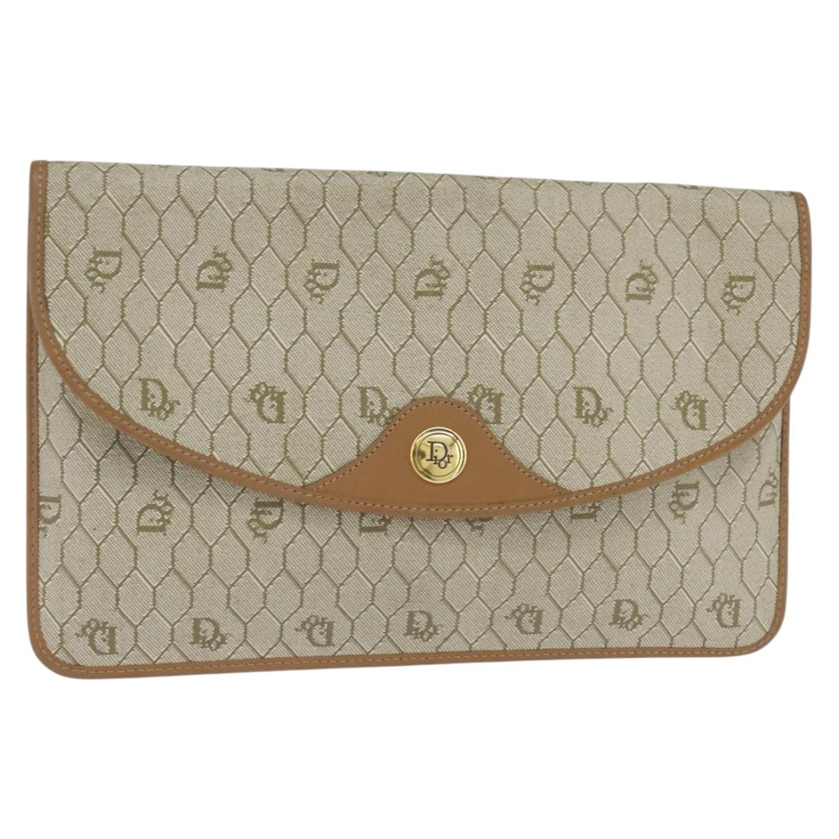 Christian Dior Honeycomb Canvas Clutch Bag PVC Beige Gold Auth bs30459