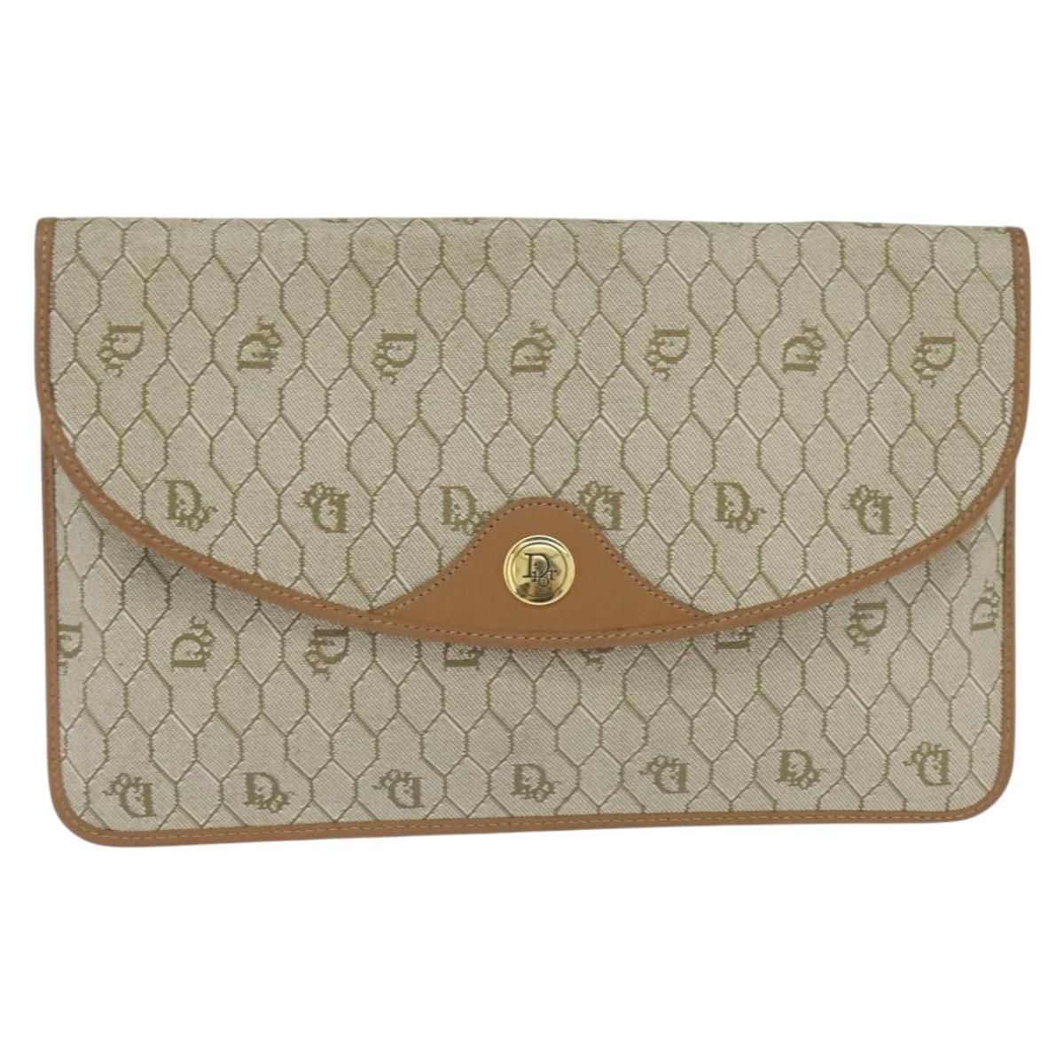 Christian Dior Honeycomb Canvas Clutch Bag PVC Beige Gold Auth bs30459