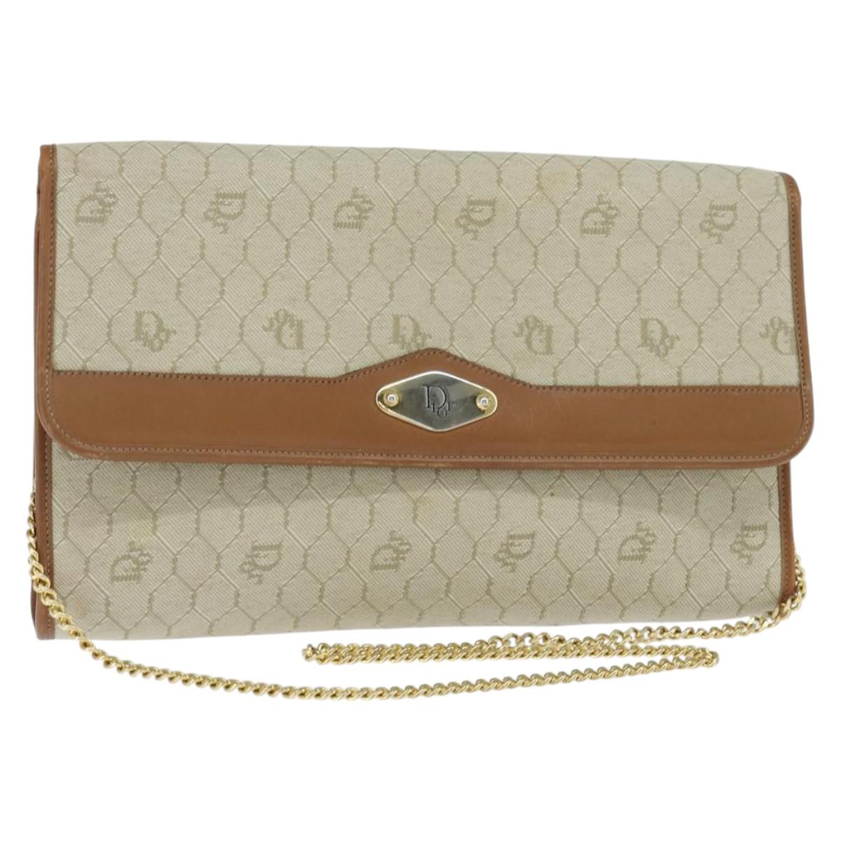 Christian Dior Honeycomb Canvas Chain Shoulder Bag Beige Auth bs30461