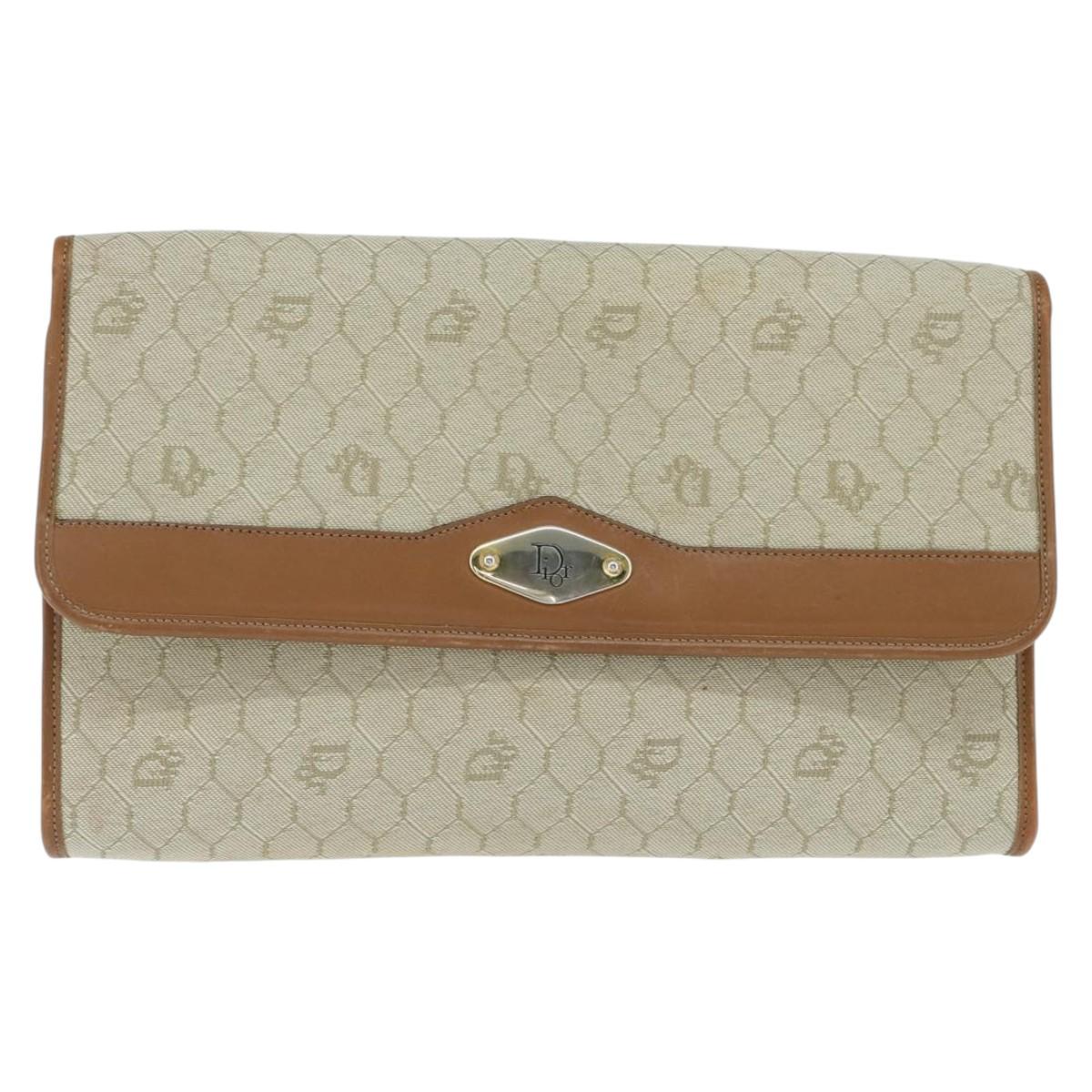 Christian Dior Honeycomb Canvas Chain Shoulder Bag Beige Auth bs30461