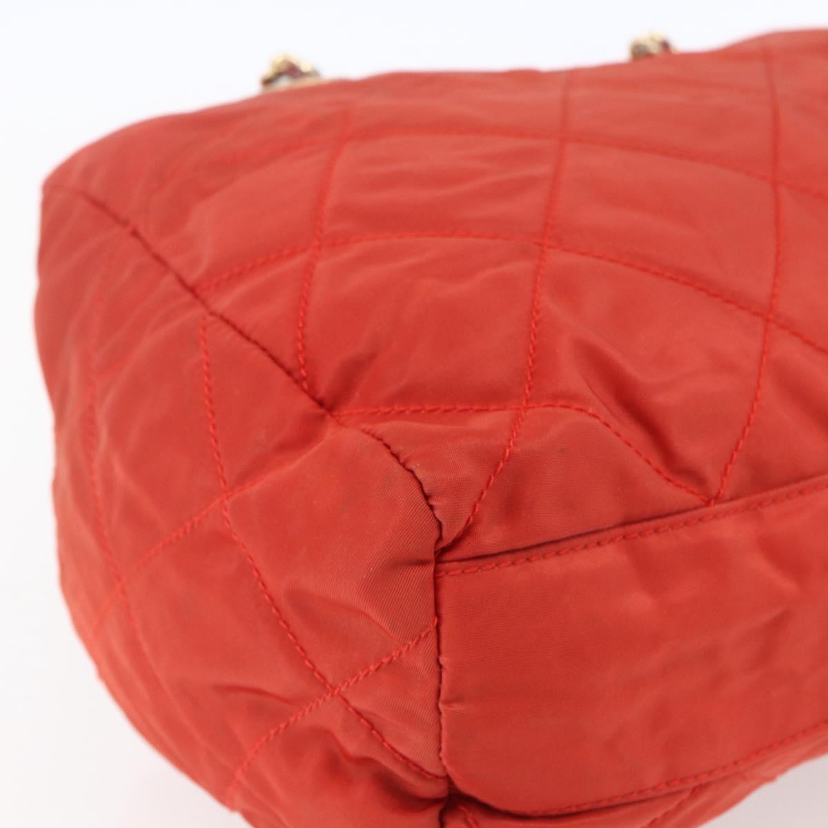 PRADA Chain Quilted Tote Bag Nylon Orange Gold Auth bs30467
