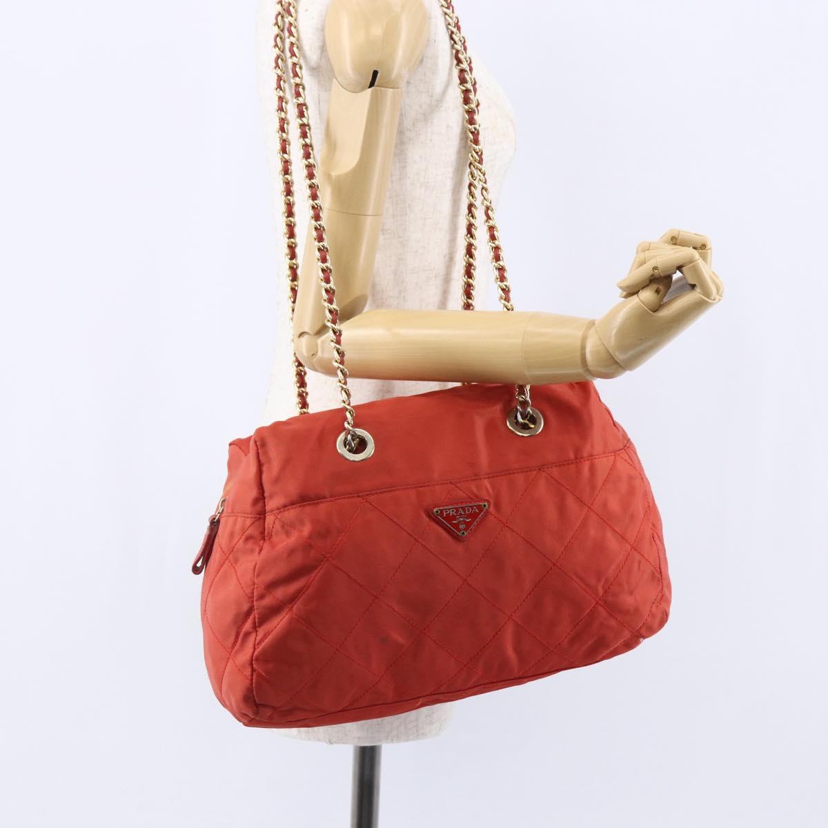 PRADA Chain Quilted Tote Bag Nylon Orange Gold Auth bs30467