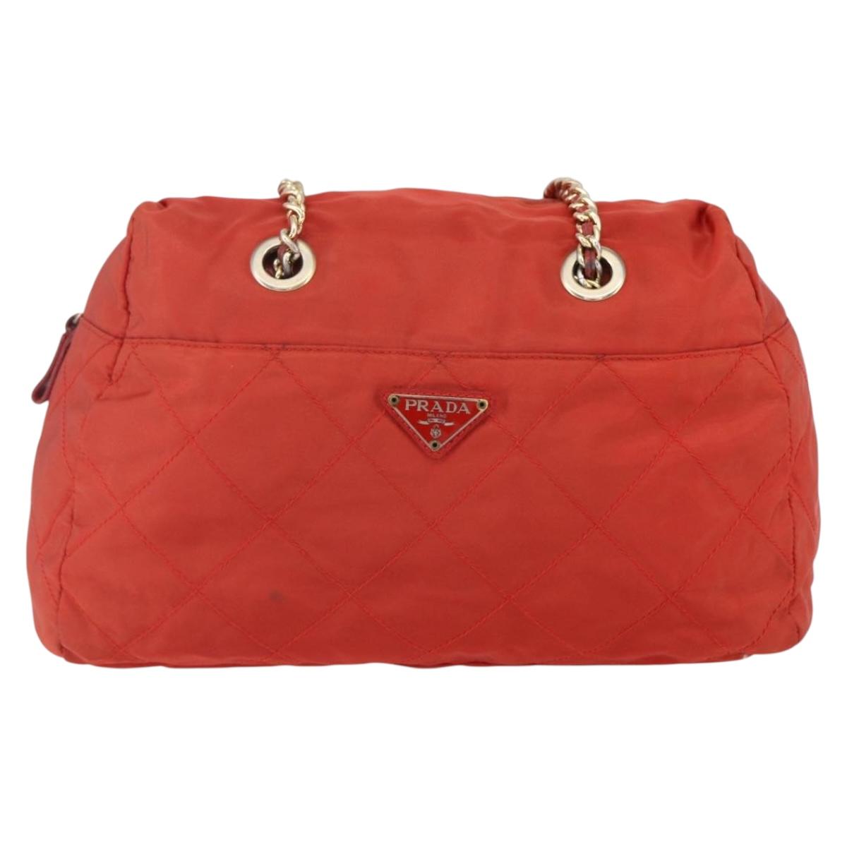 PRADA Chain Quilted Tote Bag Nylon Orange Gold Auth bs30467