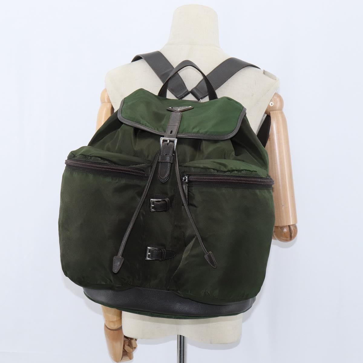 PRADA Backpack Nylon Leather Khaki Auth bs30468
