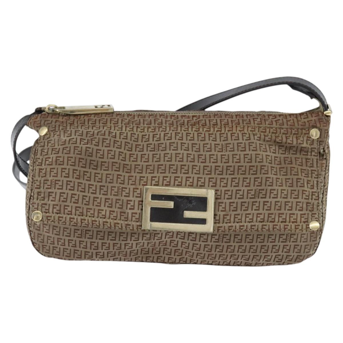 FENDI Zucchino Canvas Shoulder Bag Nylon Beige Gold Auth bs30474