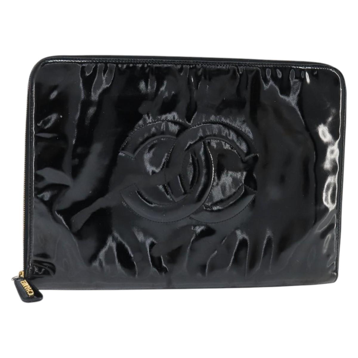 CHANEL Briefcase Patent leather Black Gold CC Auth bs30475