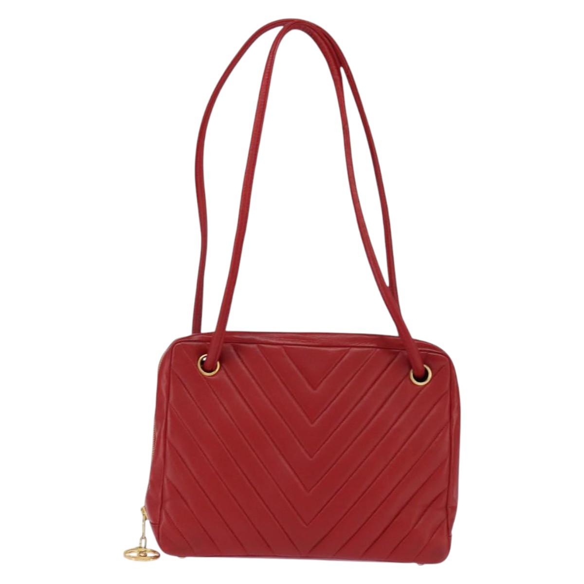 CHANEL V Stitch Shoulder Bag Lamb Skin Red Gold CC Auth bs30476