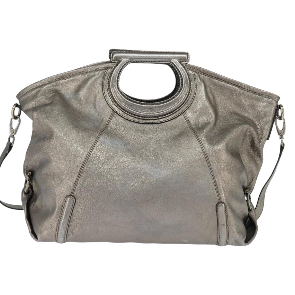 Salvatore Ferragamo Gancini Hand Bag Leather 2way Silver Auth bs30477
