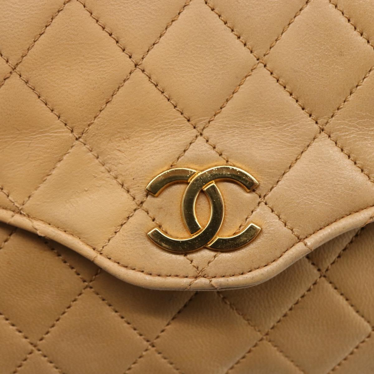 CHANEL Matelasse Chain Shoulder Bag Lamb Skin Beige Gold CC Auth bs30479