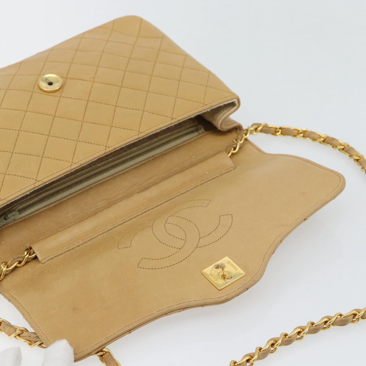 CHANEL Matelasse Chain Shoulder Bag Lamb Skin Beige Gold CC Auth bs30479