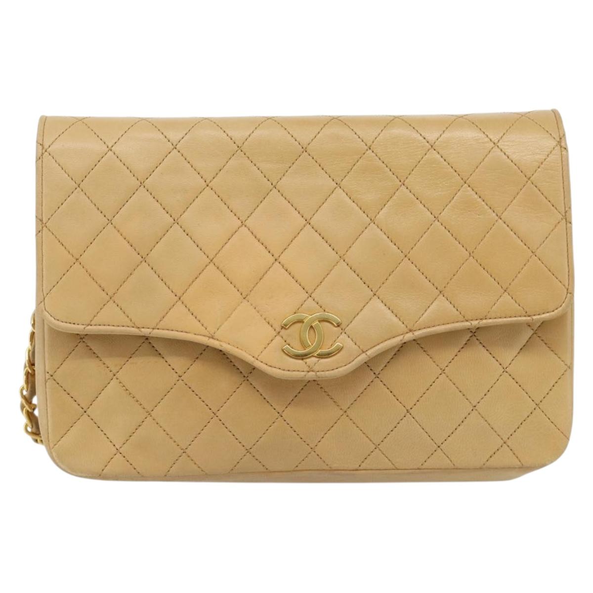 CHANEL Matelasse Chain Shoulder Bag Lamb Skin Beige Gold CC Auth bs30479