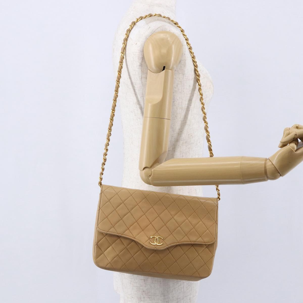 CHANEL Matelasse Chain Shoulder Bag Lamb Skin Beige Gold CC Auth bs30479