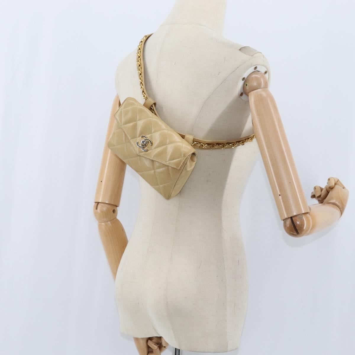 CHANEL Matelasse Waist Pouch Lamb Skin Beige Gold CC Auth bs30480
