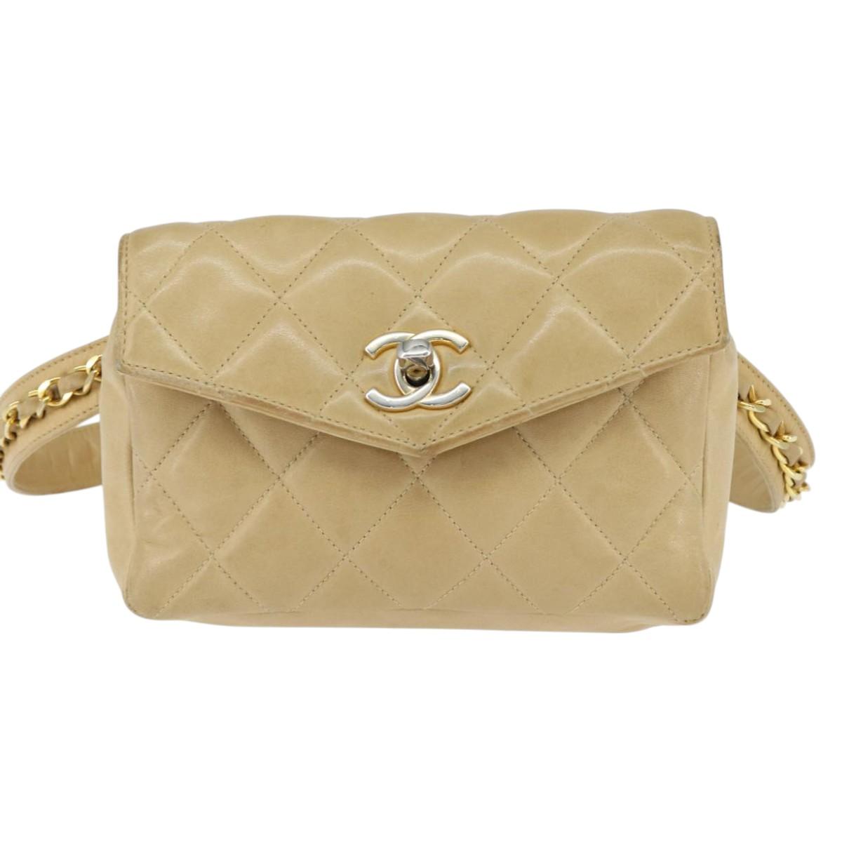 CHANEL Matelasse Waist Pouch Lamb Skin Beige Gold CC Auth bs30480