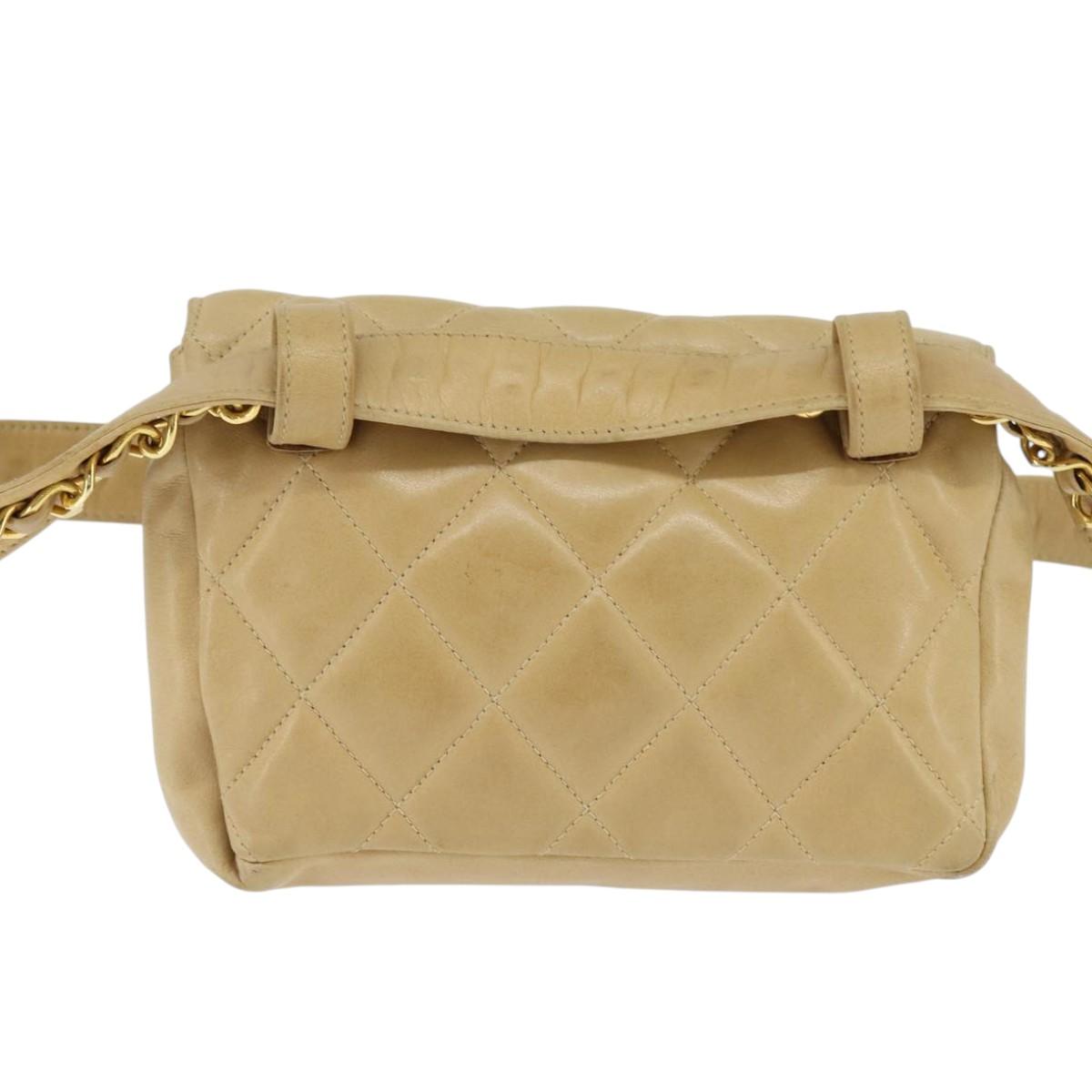 CHANEL Matelasse Waist Pouch Lamb Skin Beige Gold CC Auth bs30480