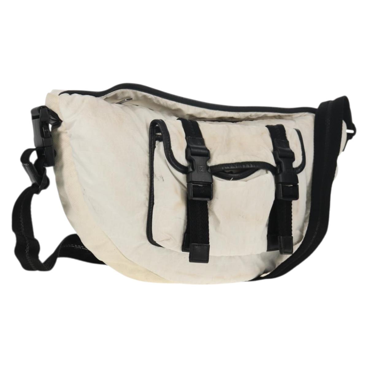 CHANEL Sports Line Shoulder Bag Nylon White Silver CC Auth bs30493