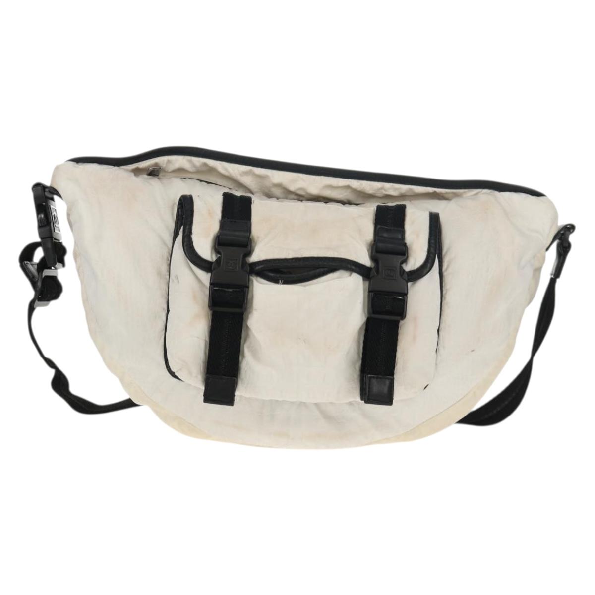 CHANEL Sports Line Shoulder Bag Nylon White Silver CC Auth bs30493