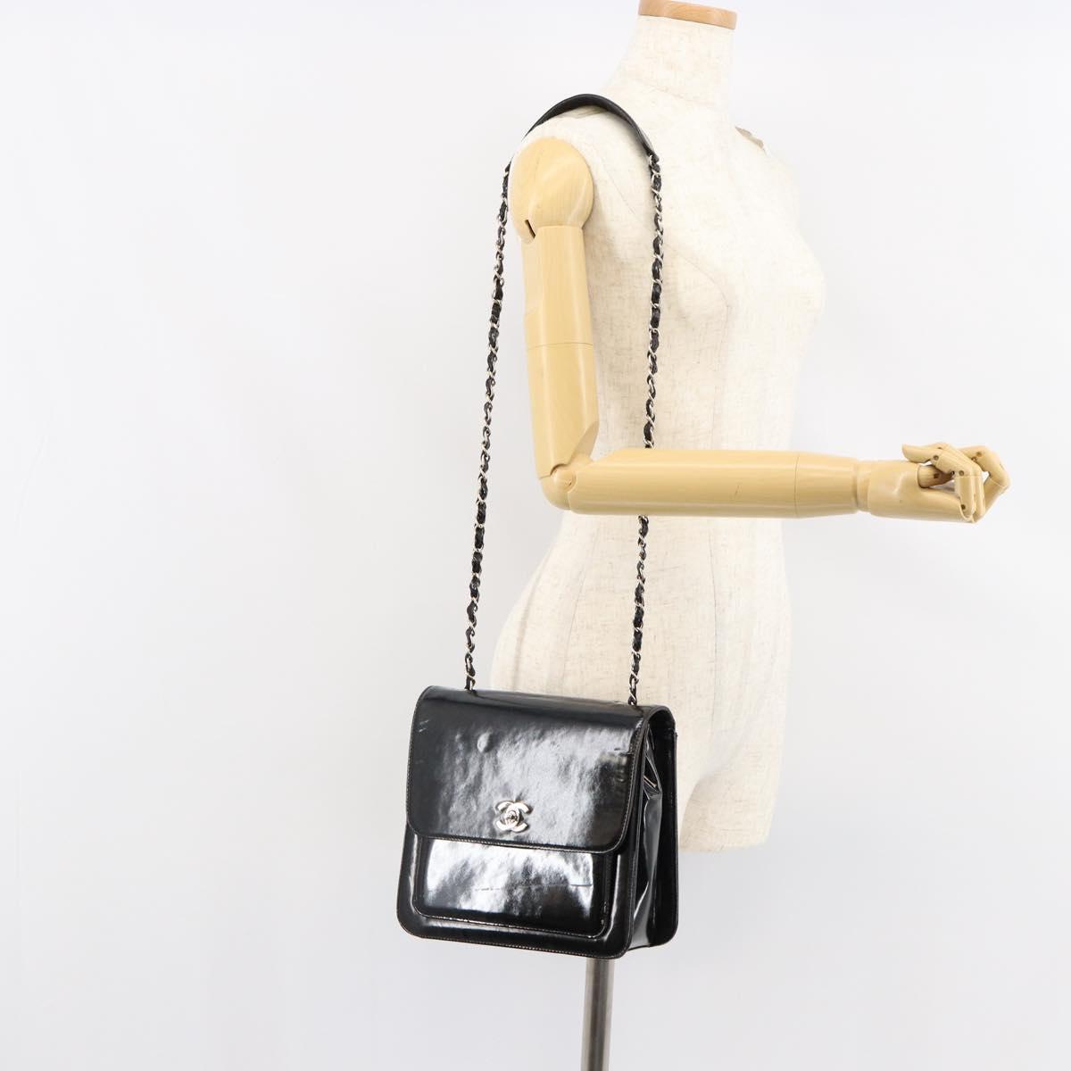 CHANEL Flap Chain Shoulder Bag Patent leather Black Silver CC Auth bs30494