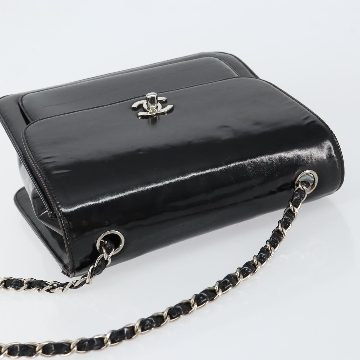 CHANEL Flap Chain Shoulder Bag Patent leather Black Silver CC Auth bs30494