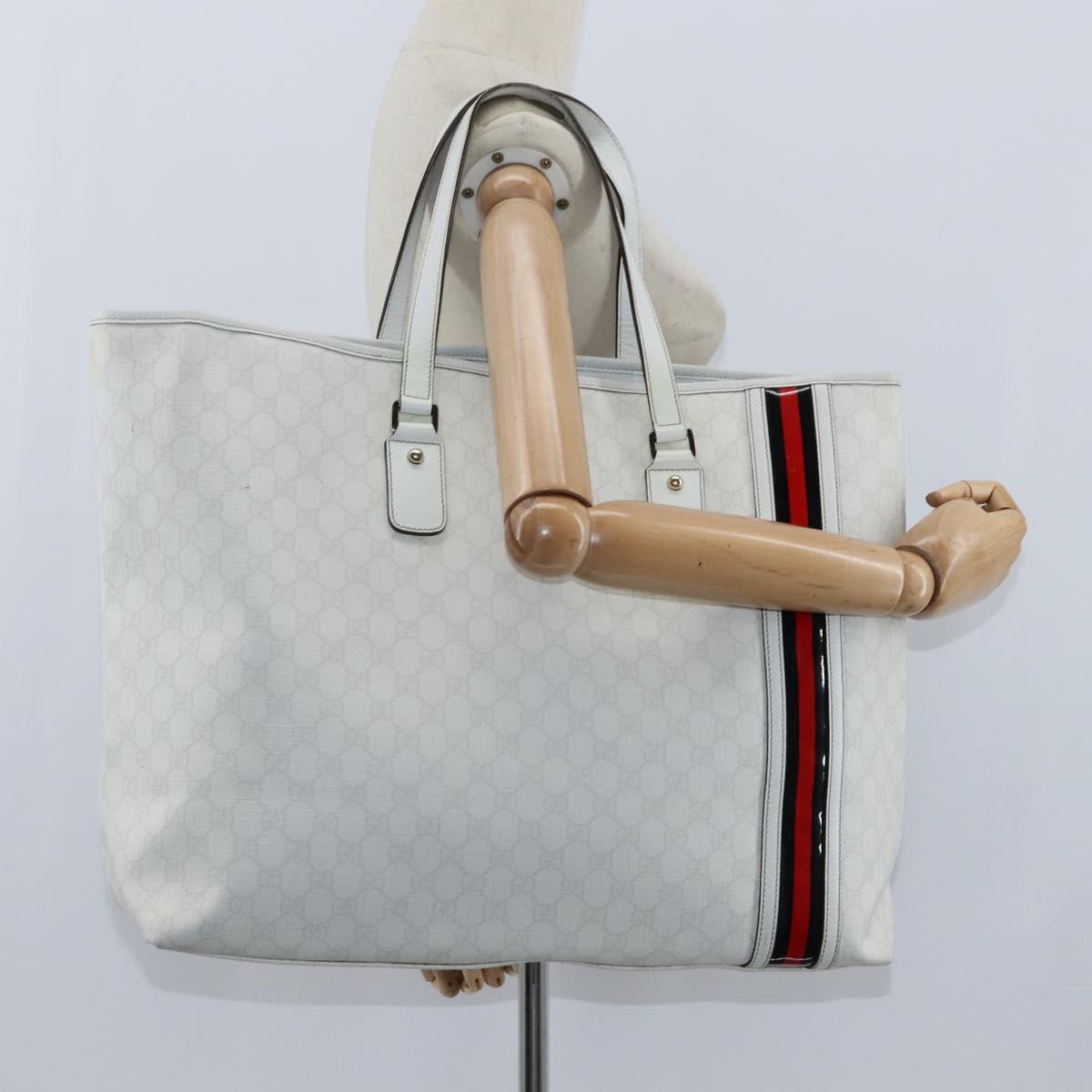 GUCCI GG Supreme Sherry Line Tote Bag PVC Leather Red White Navy Auth bs30498
